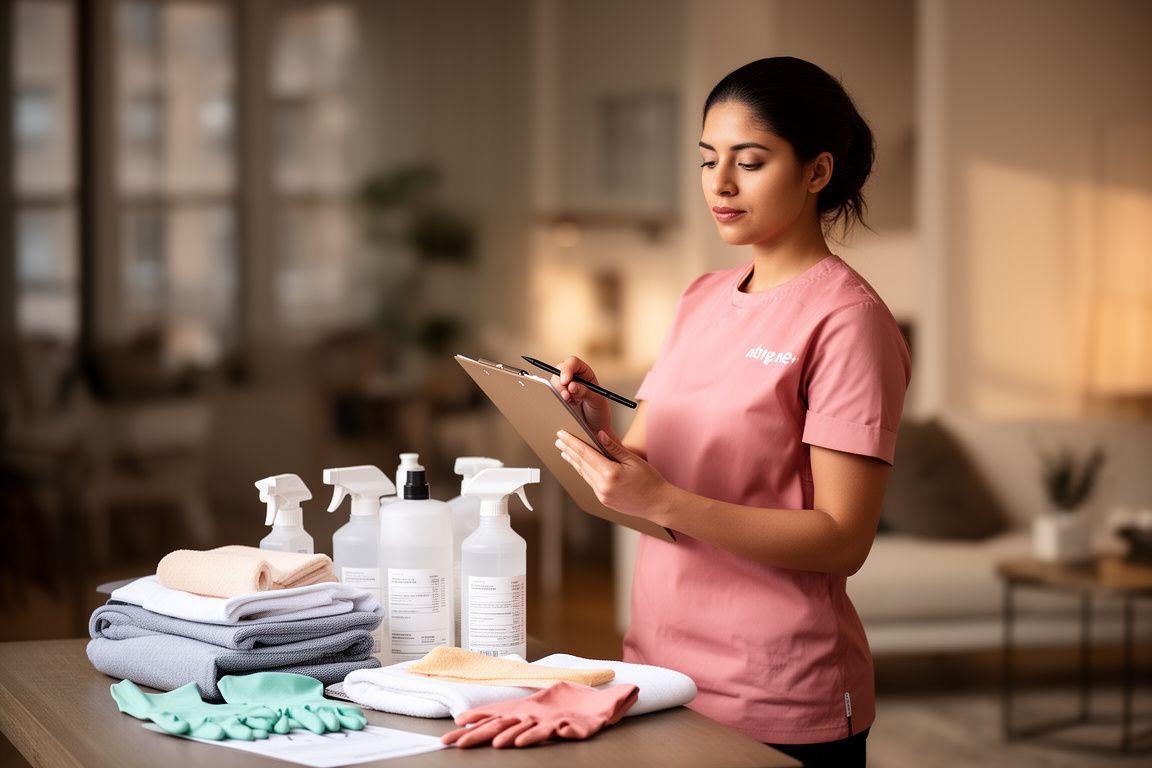 Cleaning specialist reviewing an appointment schedule beside a neatly prepared service kit in a Brooklyn home