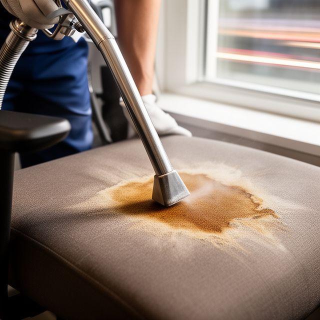Cleaning technician using extraction equipment on a coffee stain in an office chair near a window