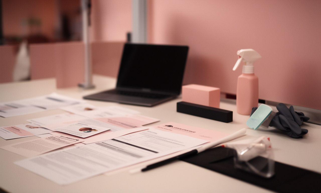 Protective client documents and cleaning service workspace in a calm office setting