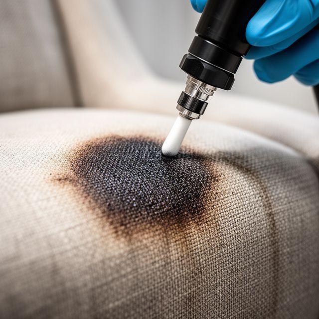 Close-up of stain removal work on an upholstered chair with a technician using a precision spot tool