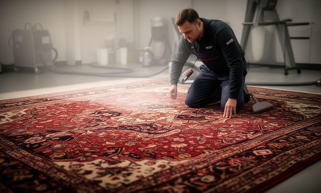 Technician inspecting a Persian rug in a softly lit Brooklyn cleaning studio
