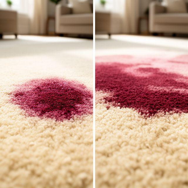 Before and after comparison of a red wine stain removed from a cream lounge rug in a New York apartment