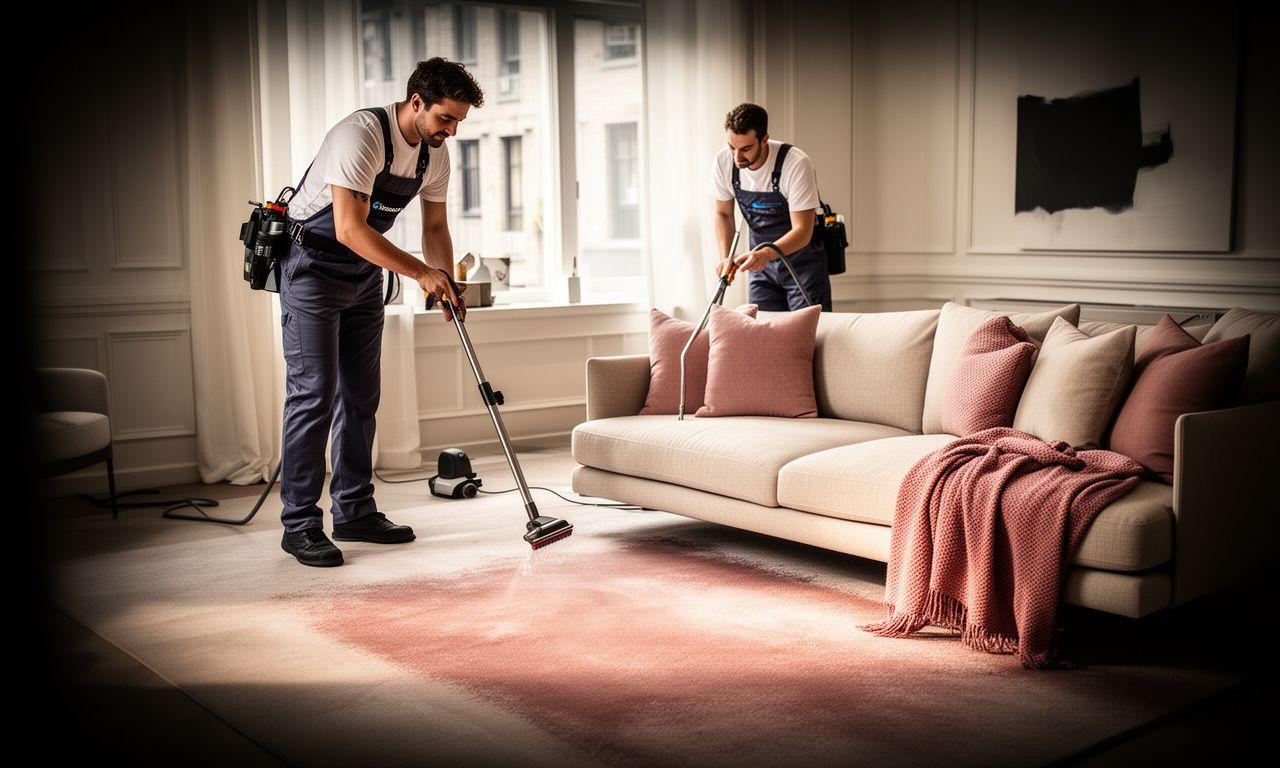 Technicians cleaning a stylish Brooklyn living room with a dark overlay and fresh textiles