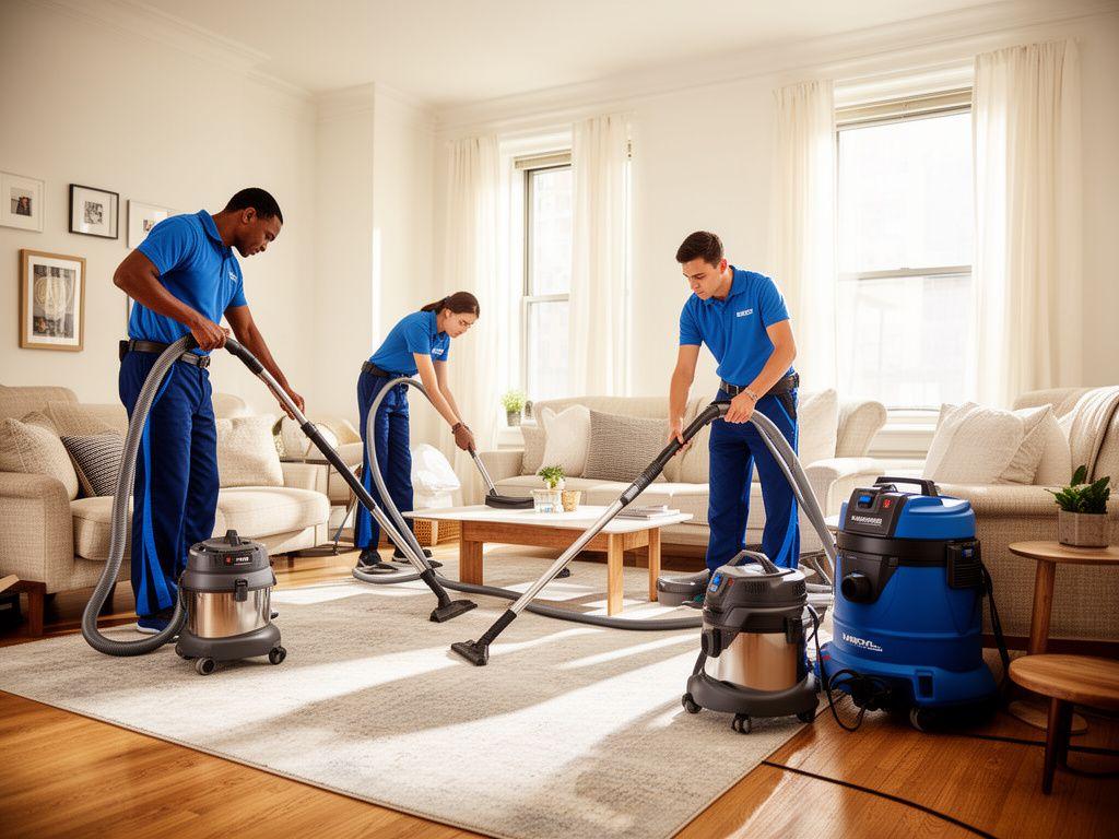 Cleaning team with HEPA vacuums working through a bright Brooklyn living room with soft furnishings and sunlight