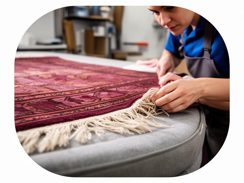 Cleaning specialist inspecting a handmade rug on a padded worktable with detailed fringe edges visible
