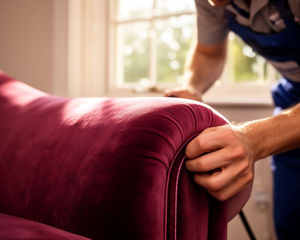 Technician inspecting a velvet sofa arm near a sunlit window before gentle cleaning